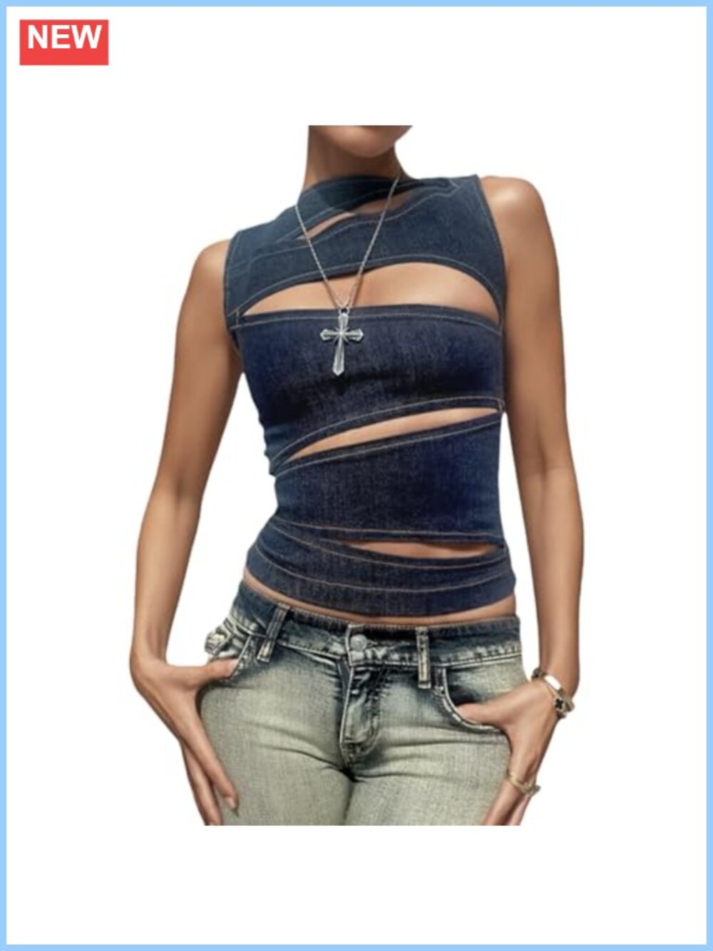 Sleeveless Denim Tank Top Cutout Crop Zip Back Bustier Rave Festival Y2K